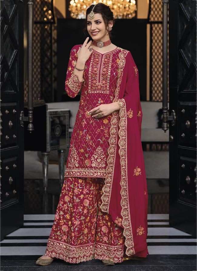 Premium Silk Rani Pink Wedding Wear Embroidery Work Plazzo Suit